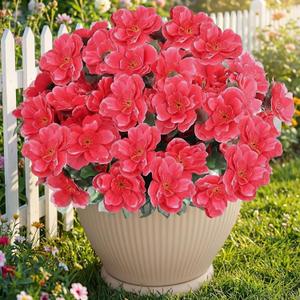 Thiccywoov 30 Pcs Fake Silk Azalea Bouquet Flower Artificial Flowers for Outdoors UV Resistant Realistic Colorful Faux Spring Floral for Outdoor Garden Window Porch Pots Wedding Decor(Rose Red)