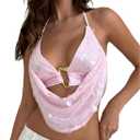 MakeMeChic Women's Summer Crochet Halter Tank Top Open Back Draped Front Rave Festival Vacation Going Out Tops (Pink, S)