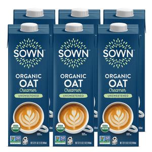 SOWN Organic Oat Creamer Unsweetened - Barista Oat Milk Non Dairy Coffee Creamer - Plant Based, Dairy-Free, Vegan, 0g Added Sugar, Gluten-Free, Non-GMO, Shelf Stable - 32oz (Pack of 6) (EXP 12/05/25)