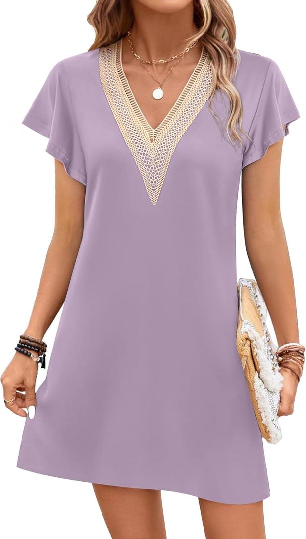 Ekouaer Nightgowns for Women Flare Short Sleeve Sleepshirt Guipure Lace V Neck Sleepwear Soft Pj Dress Night Shirt S-3XL (L)