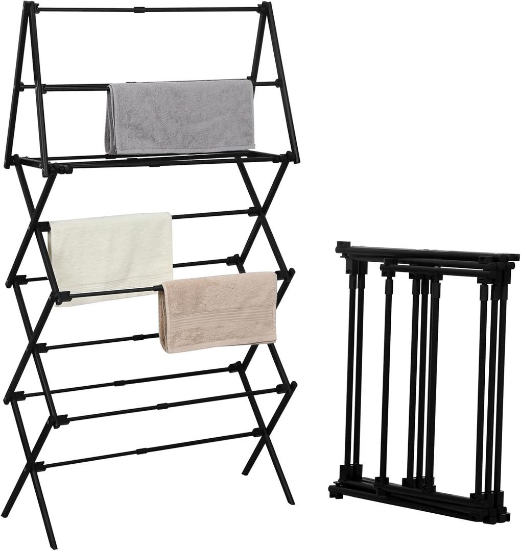ZOES HOMEWARE 4 Tier Clothes Drying Rack Foldable | Foldable Clothing Drying Rack | Laundry Drying Rack Collapsible for Laundry Room, Dorm, Expandable Sturdy Metal Design | Black 29"L x 11.5"W x 53"H