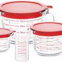 KOMUEE Only 3 Piece Glass Measuring Cups Set, 5 Oz, 1-Cup, 2-Cup, 4-Cup Liquid Measuring Cups with Lids for Kitchen, Freezer and Microwave Safe