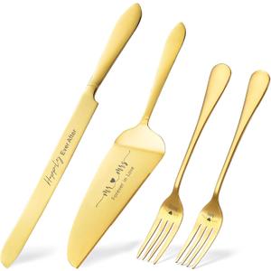 ROXBURGH Wedding Cake Knife and Server Set, Engraved Mr and Mrs Gold Forks Cake Cutting Set Pie Dessert Servers for Wedding Anniversary Bridal Shower Engagement