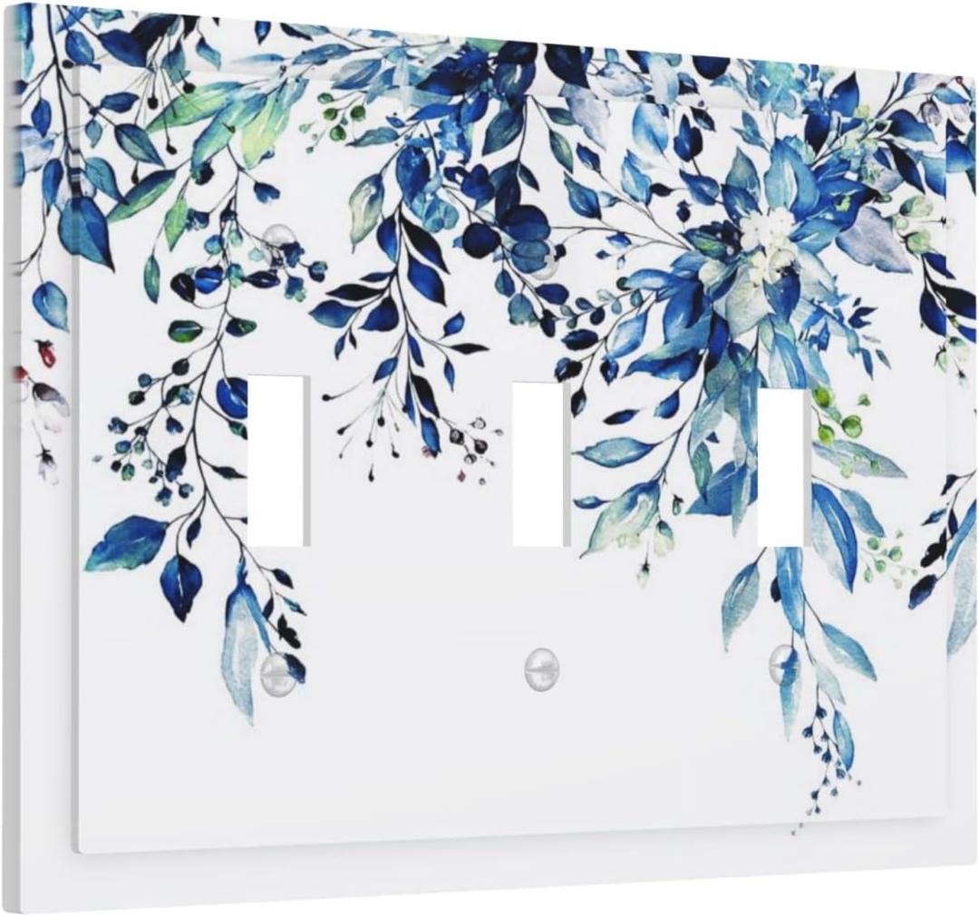 Navy Blue Eucalyptus Leaf 3 Gang Toggle Light Switch Cover, Summer Watercolor Plant Floral Teal Leaves Decorative Three Device Triple Toggle Switch Face Wall Plate Electrical Decorator Outlet Cover