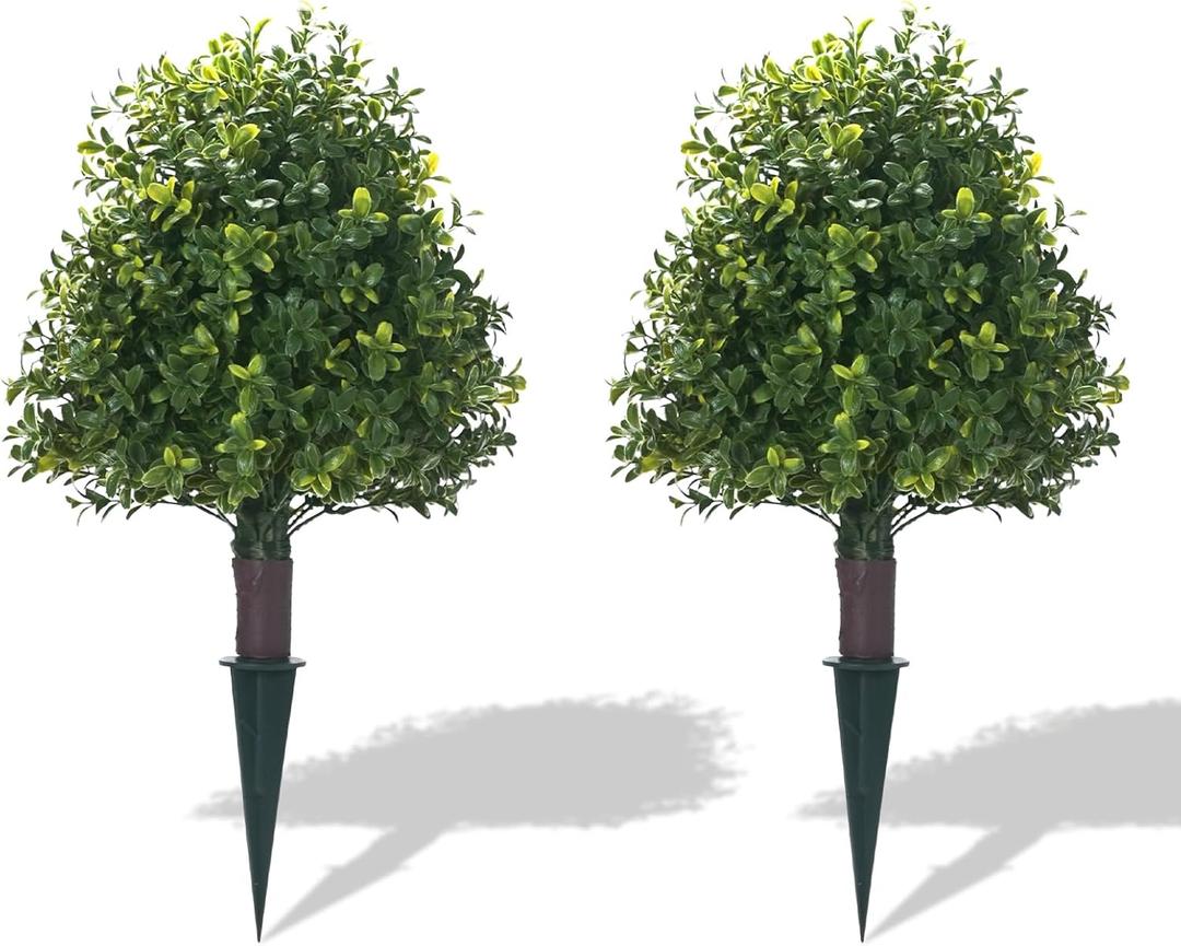 20" Artificial Boxwood Topiary Balls Trees with Ground Spike, 2 Pack UV Resistant Artificial Shrubs, Fake Evergreen Artificial Plant Brush for Indoor Outdoor Front Porch Garden