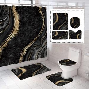 beifivcl 4Pcs Luxury Marble Shower Curtain Sets, Bathroom Sets with Shower Curtain, Toilet Lid Rug, Bath Mat and Contour Mat, Shower Curtain with 12 Hooks for Bathroom Set Decor 72 x 72 Inch, Black