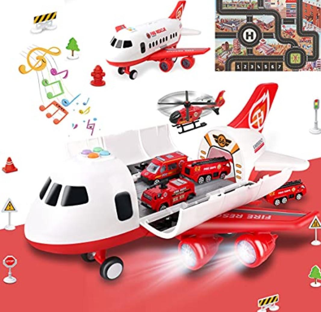 Dwi Dowellin Airplane Toy with Fire Truck Cars and Play Mat,Plane with Lights and Sounds for 3 + Years Old Boys and Girls
