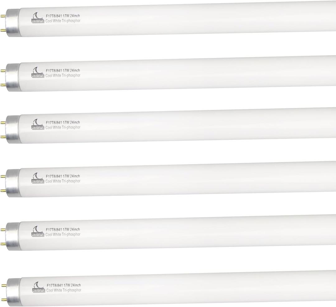 CHKADAWA 24 Inch Fluorescent Light Bulb F17T8/841 17 Watts, 2 Ft T8 17W Cool White 4100K Straight Linear Fluorescent Tube, G13 Medium Bi-Pin Base, 6 Pack