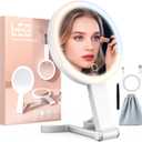 Travel Makeup Mirror with 3 Color Lights, 15X/1X Double Sided Lighted Magnifying Mirror, Portable Handheld Mirror, 3 in 1 Tabletop/Handheld/Hanging, Ideal Gift for Women in Home, Office, Trip, White