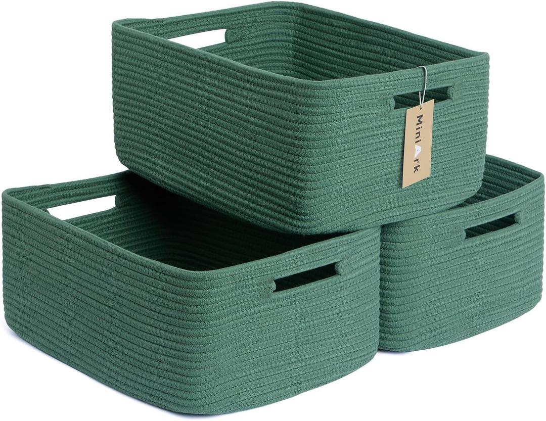 MiniArk Large Storage Baskets for Shelves, Closet Organizers Bins for Clothes Blanket Towels, Baby Nursery, Toy Baskets Box, Woven Rope Baskets, 17 x 13 x 7.5, 3 Packs Green