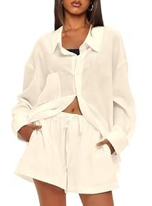 Darong Women 2 Piece Outfits Long Sleeve Button Down Blouse and Shorts Lounge Sets 9212 Beige XL