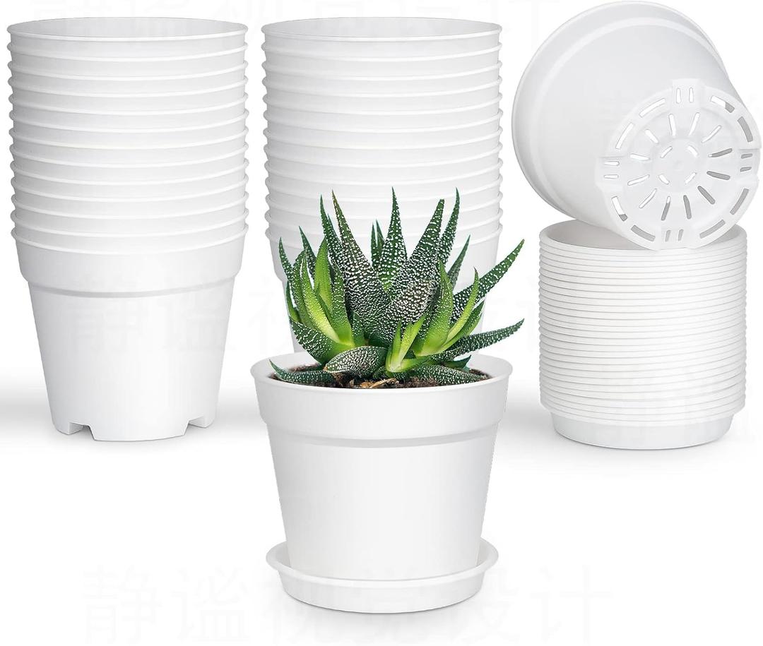 SwinDuck 28 Pack 4 inch Small Plant Pots, Plastic Planters with Drainage Holes and Saucers for Flowers Plants, Succulents, Seed Starting Pots, White