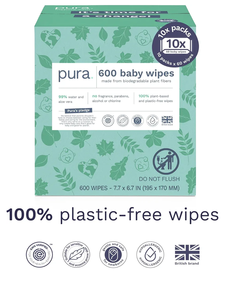 Pura Natural Sensitive Baby Wipes, 99% Water, Unscented & Hypoallergenic, Suitable for Sensitive & Eczema-prone Skin, Hypoallergenic, EWG Verified, 10 Pack of 60 Wet Wipes (600 Diaper Wipes) Bulk Buy