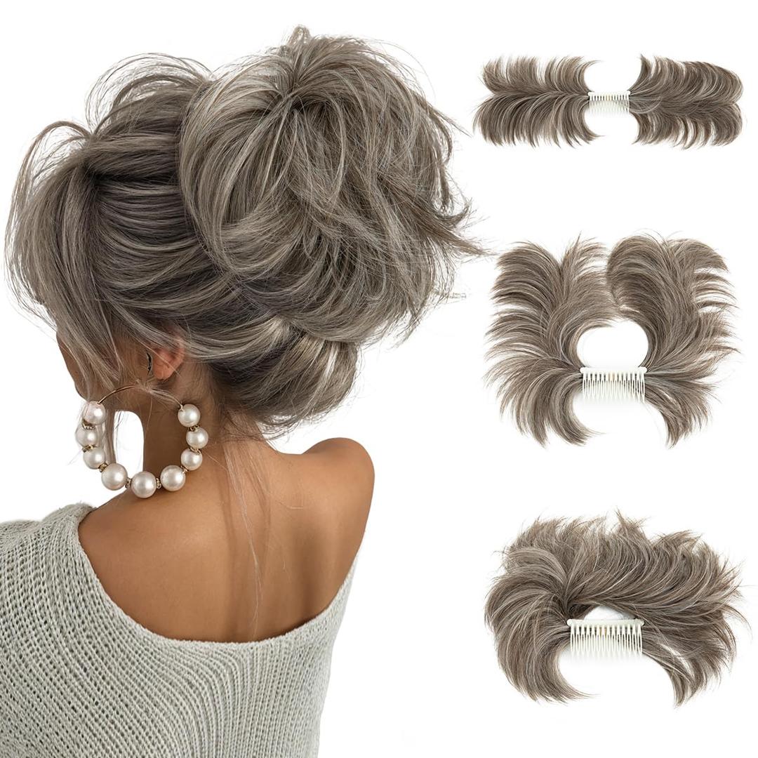 Messy Bun Hair Piece Side Comb Clip in Hair Bun Hairpiece for Women Short Natural Straight Versatile Adjustable Styles Easy Hair pieces Ash Grey-S