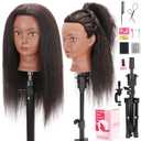 Mannequin Head with 100% Human Hair, Manikin Head Human Hair Cosmetology Doll Head for Hair Styling Hairdresser Practice Braiding with Table Clamp Stand and Tools (16 inch + tripod)