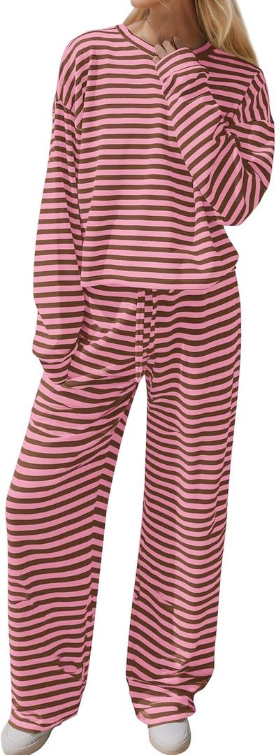 MISSACTIVER Women's Striped 2 Piece Lounge Set Casual Long Sleeve T-Shirt Drawstring Wide Leg Pants Matching Pajamas Set, Medium 