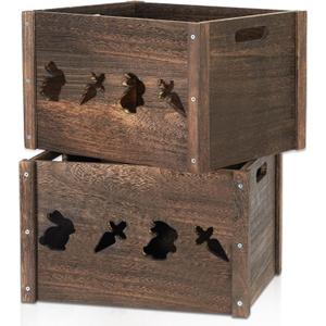 Wooden Crates 2 Pack, Hollow Rabbit Wooden Crates for Display & Storage, Farmhouse Handmade Wood Crate with Handles, Rustic Large Decorative Wood Crate Box for Display