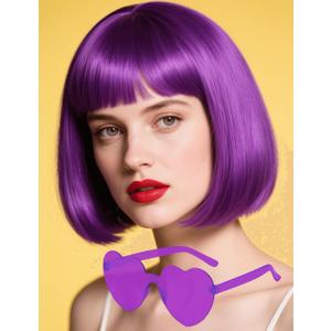 Purple Bob Wig with Heart Sunglasses - Heat-Resistant, Synthetic Fiber, Adjustable and Natural Looking