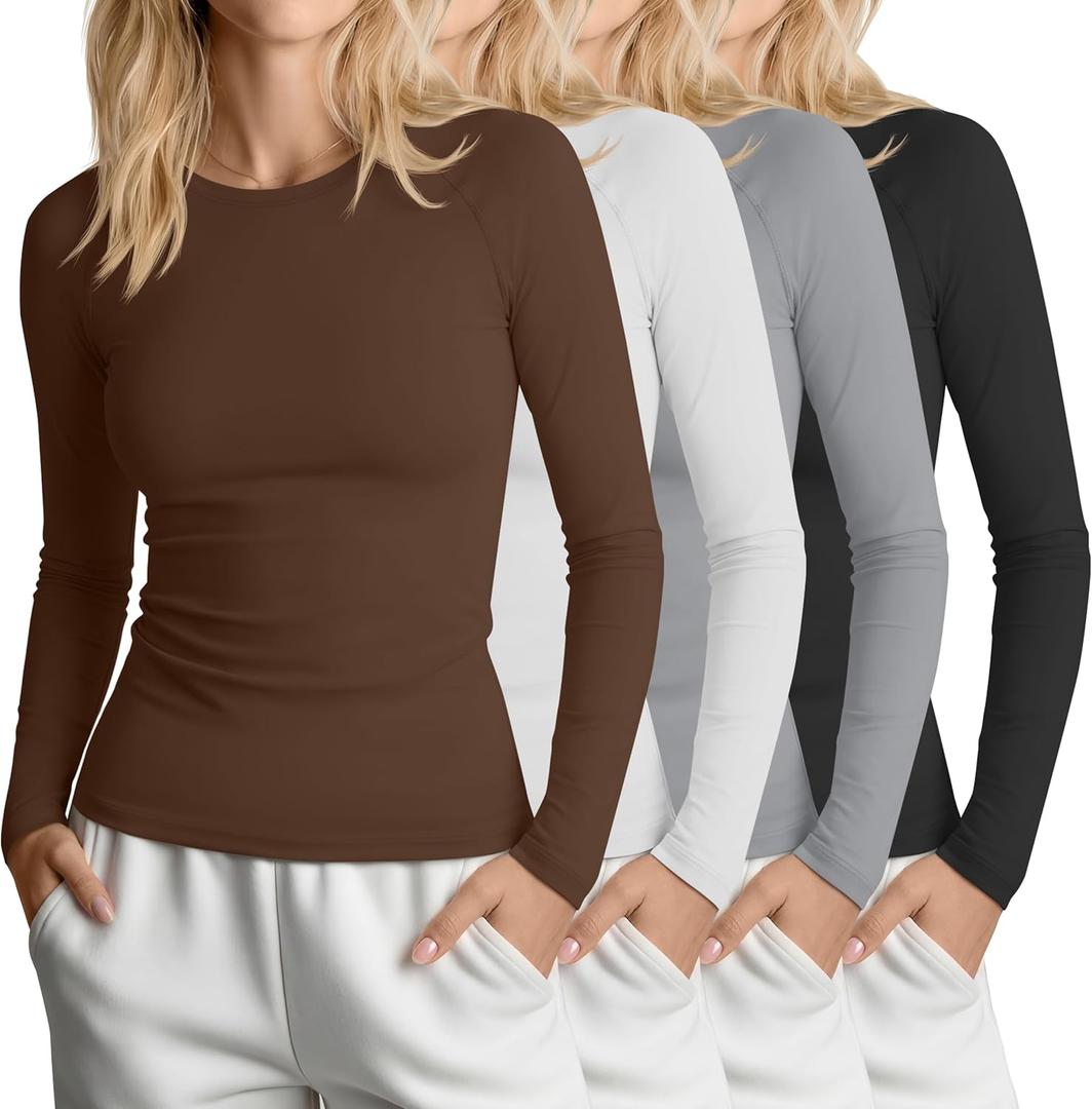 4 Pack Womens Compression Long Sleeve Shirts Crew Neck Yoga Tops Slim Fit Workout Basic T Shirt Gym Sports (Medium, Brown, White, Light Gray, Black)