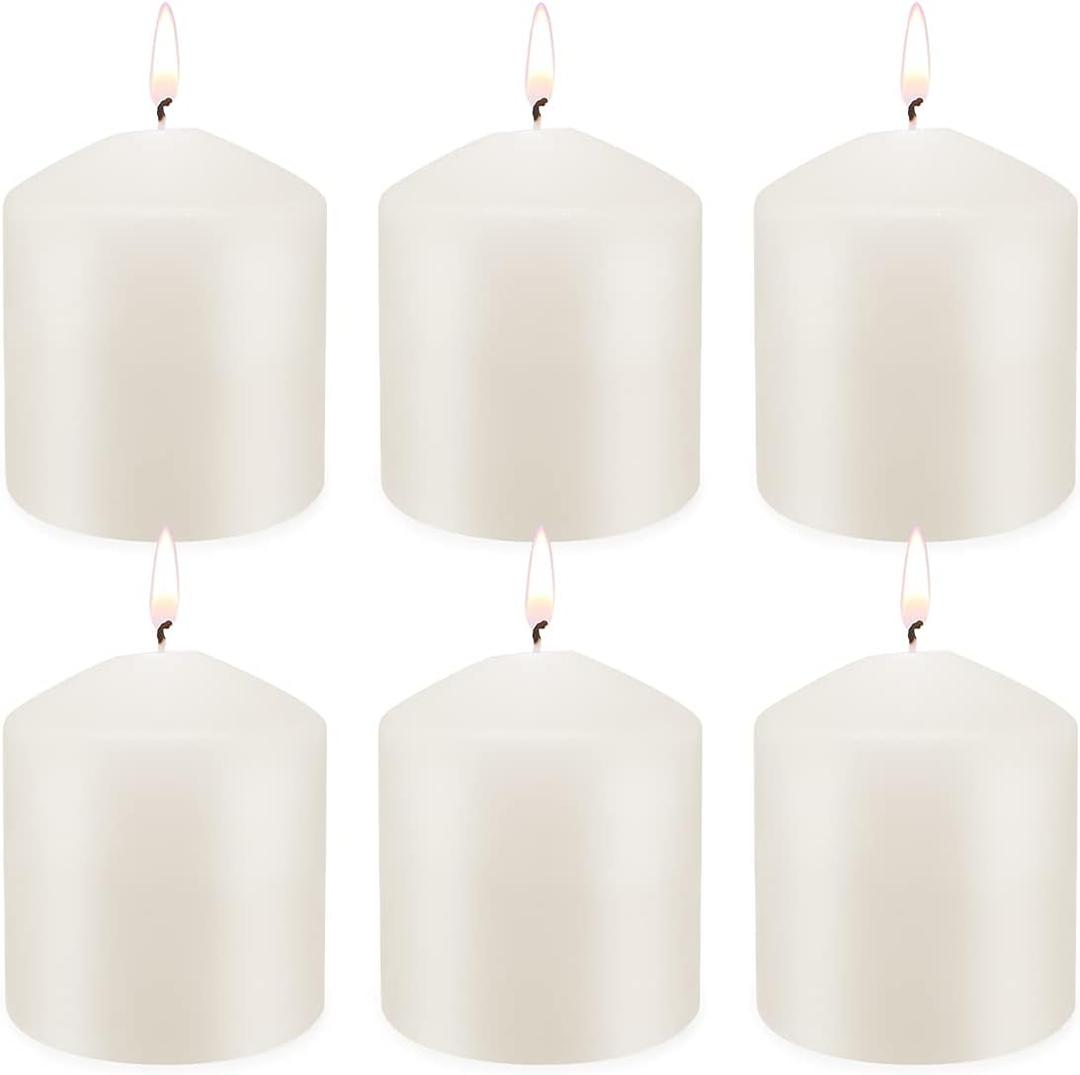 6 Pack 3x3 Inch Pillar Candles, 35 Hours Dripless Smokeless Unscented Candles for Home Weddings Restaurant Spa Church and Emergency Ivory