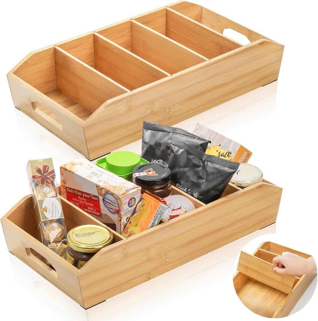 Pumtus 2 Pack Bamboo Pantry Organizers, Storage Bin with Removable Dividers, Divided Snack Oragnizer with Handle, Stackable Cabinet Basket, Drawer Caddy for Kitchen Office Packets Sauce Pouches