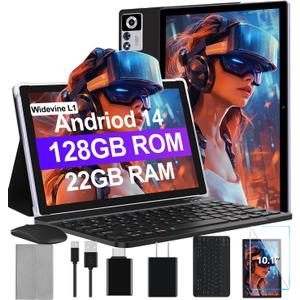 2025 Android 14 Tablet 22GB RAM 128GB ROM 1TB Expand, 10.1 inch 8000mAh Octa-Core Tablet with Keyboard & Mouse, HD IPS Display, 5G Wi-Fi, Bluetooth 5.0, GPS, Widevine L1, Split Screen -Metal Black