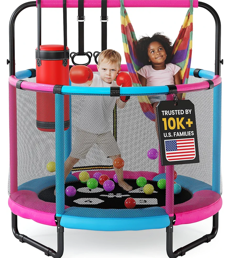 Happin® 55’’ Trampoline for Kids with Safety Enclosure, Indoor & Outdoor Toddler Trampoline, Ultra Safe Design with Multi Activity Accessories, Perfect Toddler Gift for Boys & Girls Ages 1–8