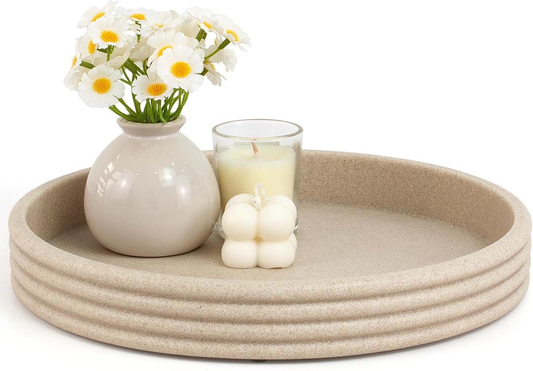 Round Decorative Tray - Modern Coffee Table Tray Decor, Resin Home Decor for Living Room & Bedroom. Multi-Functional Coffee Table Centerpiece with Anti-Slip Pads - 11x1.5 Inch Key Trays - Beige