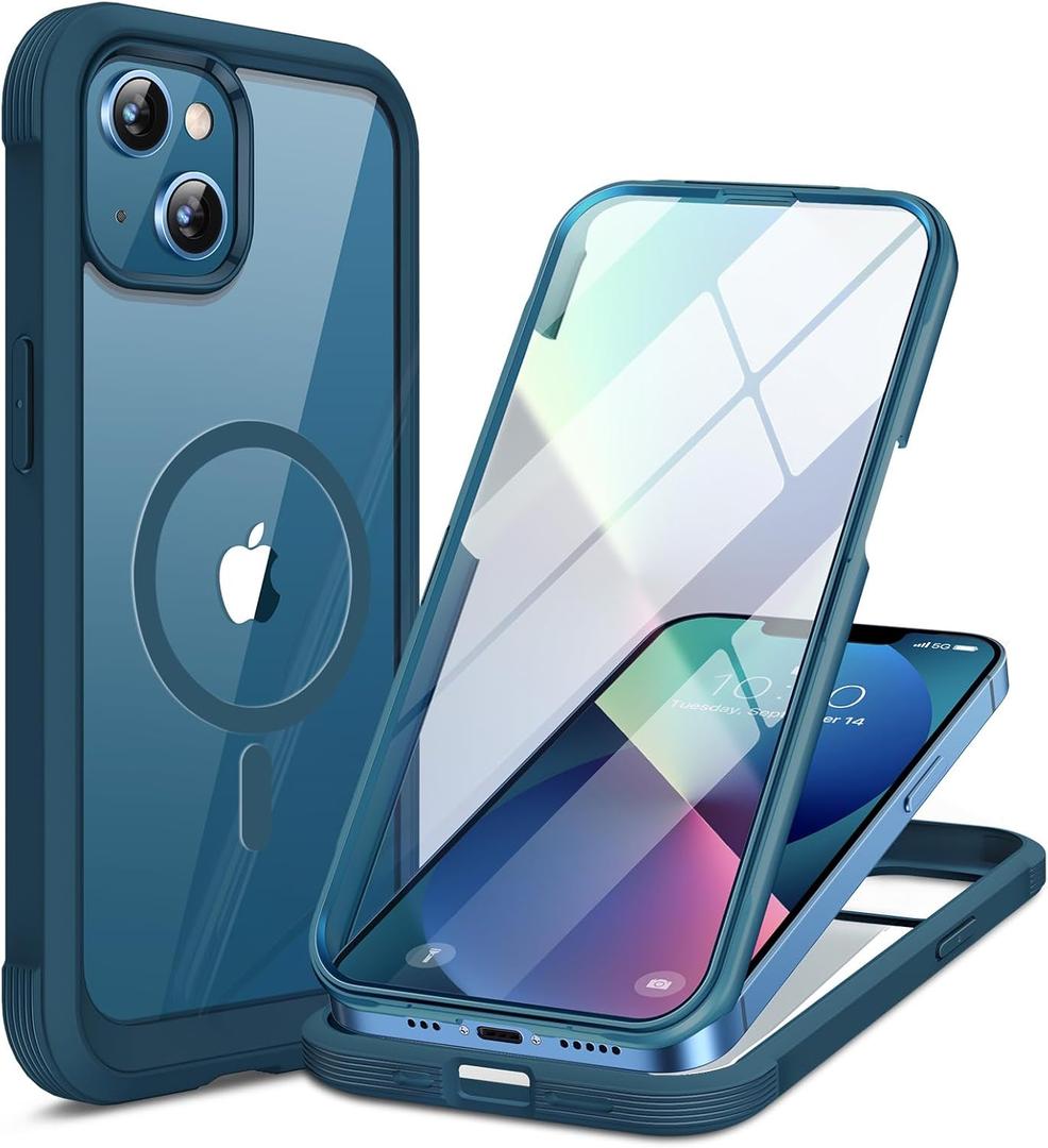 Miracase Glass Series Designed for iPhone 13 Case 6.1 inch, 2023 Upgrade Full-Body Magnetic Clear Bumper Case with Built-in 9H Tempered Glass Screen Protector, Storm Blue