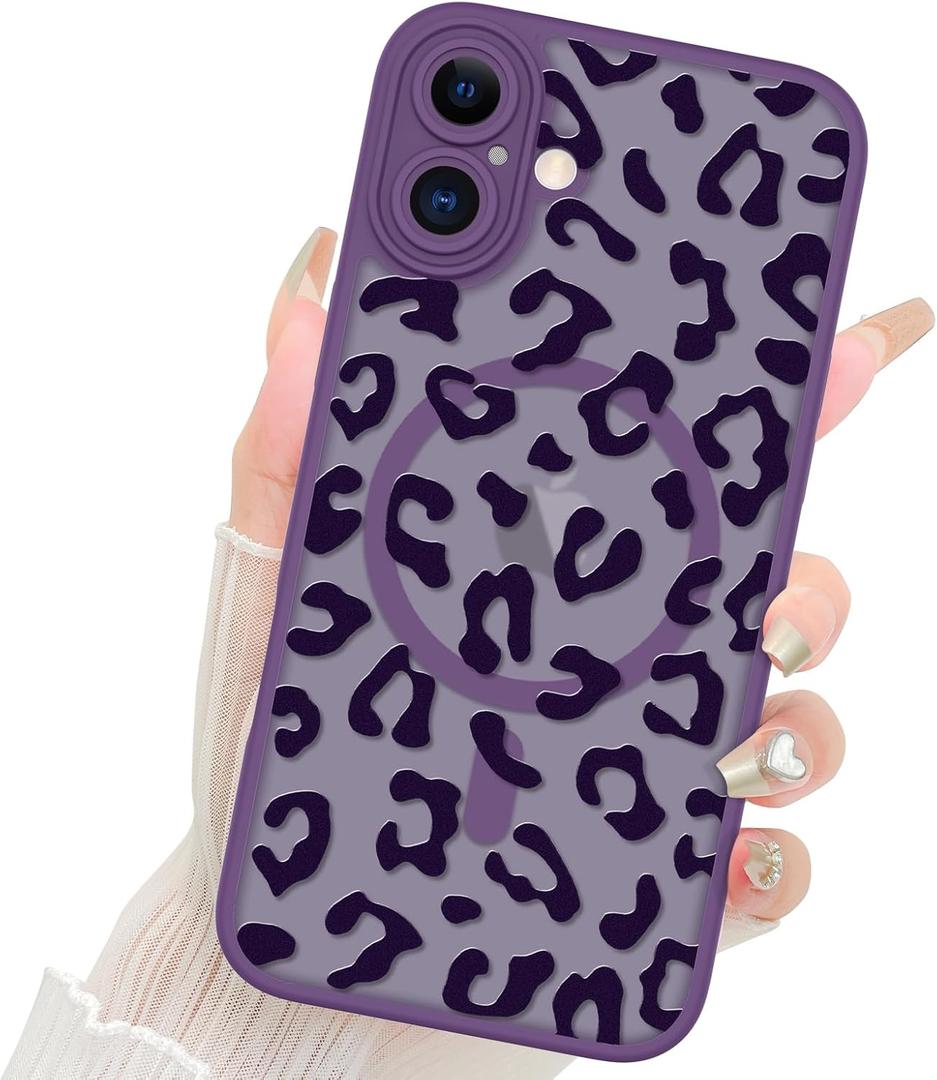 Fiyart Designed for iPhone 16 Plus Case Matte Cheetah Print Design Compatible with MagSafe Wireless Charging,Cute Leopard Print Anti-Scratch Translucent Phone Cover for Women Girls Men 6.7"-Purple