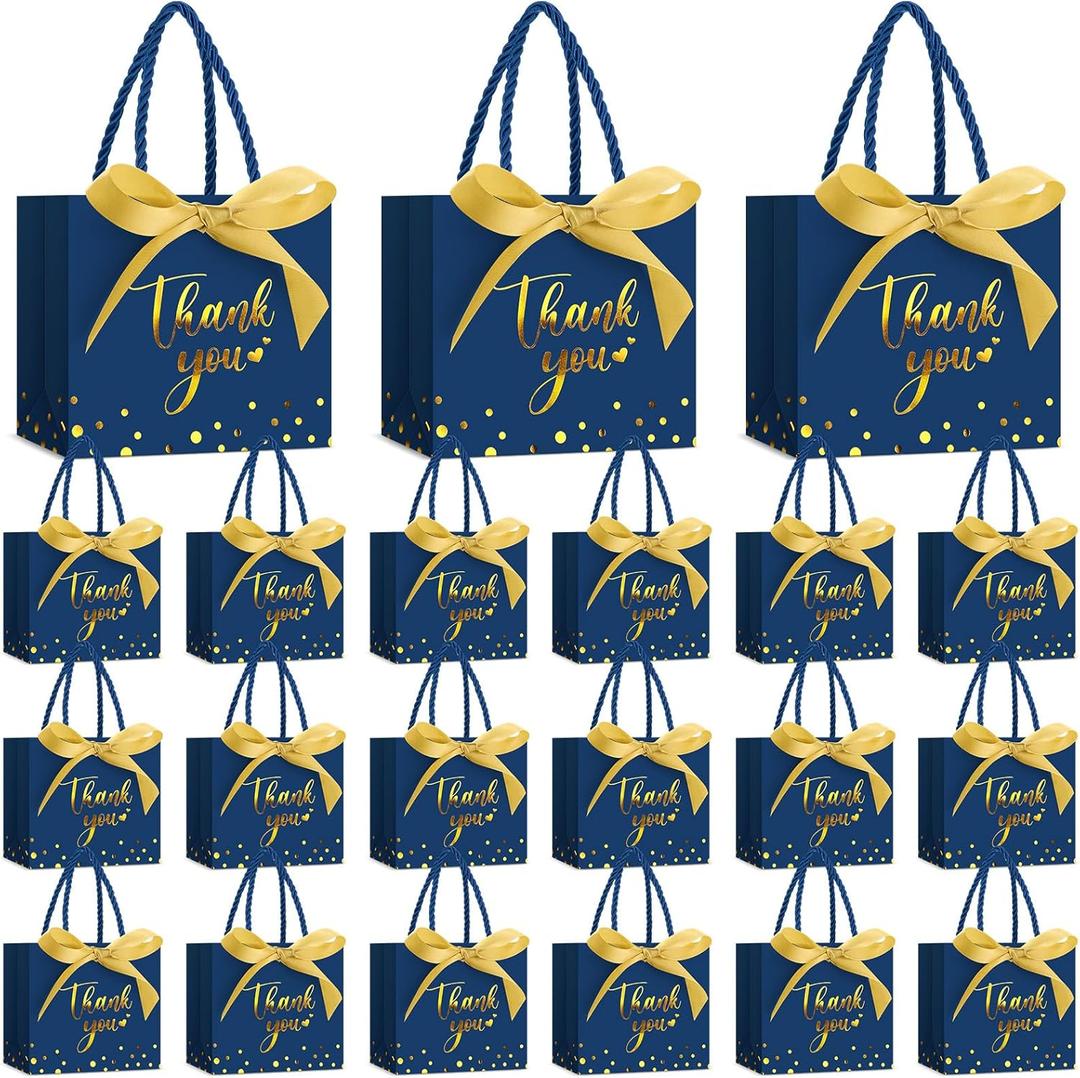 Jetec 45 Pcs Mini Paper Gift Bag Bulk 5.5 x 4.7 x 2.5'' Small Thank You Favor Bag with Handle Bow Ribbon for Christmas Thanksgiving Wedding Baby Bridal Shower Birthday Party(Business Blue/gold)