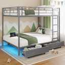Rolanstar Metal Bunk Bed Full Over Full with USB Charging Station, LED Bunk Bed with 2 Storage Drawers, Bed with Safety Guardrail & Ladders, No Box Spring Needed, Easy Assembly, Grey