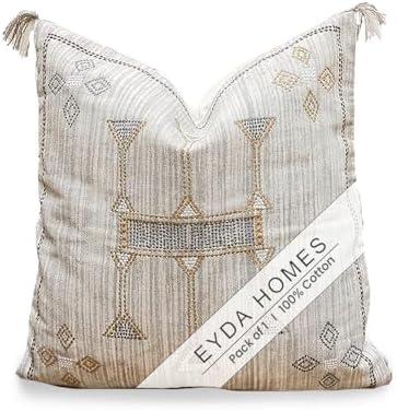 Eyda Homes Embroidered Pillow Cover 20x20 Inch, 100% Cotton Pillow Cases, Soft & Cozy Boho Decorative Throw Pillow Covers with Sturdy Zipper for Sofa, Couch, Bedroom, Farmhouse, Premium Cusion Cover