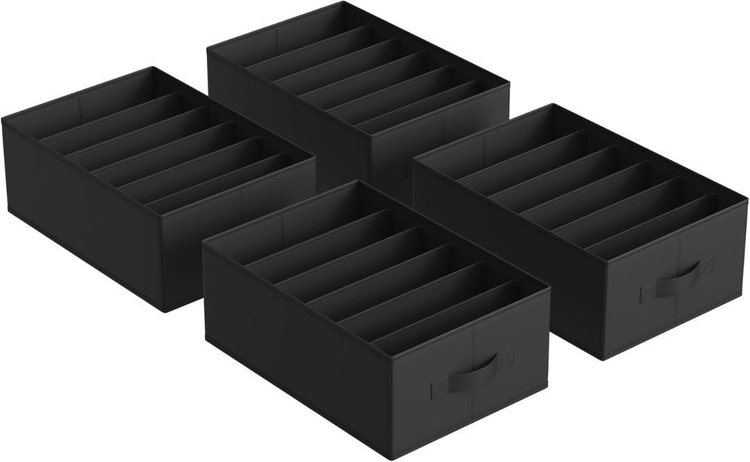 SONGMICS Set of 4 Large Size Wardrobe Clothes Organizers, 6-Compartment Foldable Drawer Organizers with Handles, 16.5 x 11.8 x 6.7 Inches, for Pants, Sweaters, Jeans, Ink Black URUS009B04