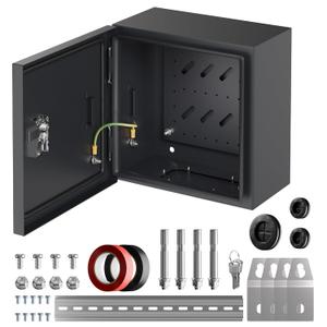 Joinfworld Outdoor Electrical Box 9.8" x 9.8" x 5.9" Weatherproof Electrical Junction Enclosure with Lock Din Rail Cable Gland