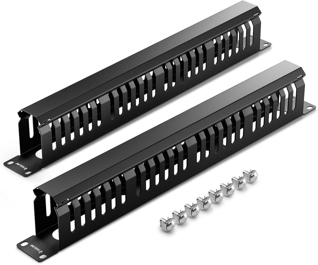 VCELINK 1U Server Rack Cable Management 24-Slot, 19" Carbon Steel Horizontal Network Rack Cable Manager for Network Cabinet, All Metal Black 2-Pack, 8 Ct