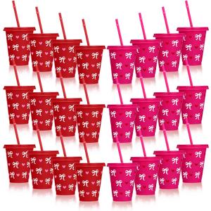 24 Pcs Valentine's Day Cups Bulk with Lids and Straws 16oz Reusable Plastic Cups Red Pink Bow Heart Valentines Tumbler Gifts for Galentines Party Supplies Wedding Anniversary