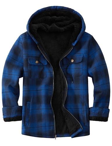 Ephemoca Men's Warm Sherpa Lined Full Zip Hooded Plaid Shirt Jacket Long Sleeve Fleece Shirt Plaid Flannel Jacket Royal Blue Large XL