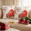Set of 2 Happy Valentine's Pillow Covers 18x18 Inch Valentines Day Vintage Truck Heart Design Throw Pillow Covers Romantic Farmhouse Bedroom Sofa Valentines Gift for Couple Decor