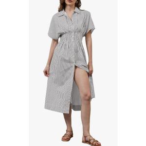 MSBESYOR Women Button Front Pleated Shirt Maxi Dress Summer Striped Prints Short Sleeve Collar Casual Long Dresses Size M