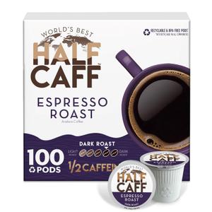 World's Best Half Caff Espresso Roast Coffee Pods 100ct Keurig Compatible (EXP 07/31/26)