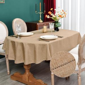 NEWISHER Farmhouse Oval Hemstitch Border Tablecloth Neutral Faux Linen Table Cloth Rustic Solid Flaxen Table Cover for Dining Kitchen Party Holiday Home 60x84 Inch