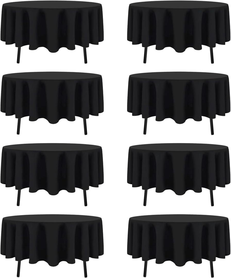 8 Pack Black Round Tablecloths 60 Inch Black Table Cloth (Fits 20-48 Inch Tables) Stain and Wrinkle Resistant Reusable and Washable Polyester Fabric for Buffet Wedding Party and Banquet