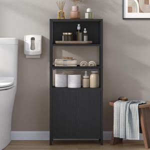 Storage Bathroom Cabinet, Bathroom Floor Cabinet with Doors and Open Adjustable Shelf, Small Cabinets with Ventilated Metal Grid, Freestanding Storage Cabinets, Black 7.9"D x 15"W x 35.5"H