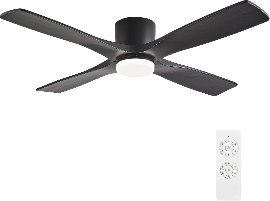 WINGBO 48 Inch Flush Mount DC Ceiling Fan with Lights and Remote, 4 Reversible Carved Wood Blades, 6-Speed Noiseless DC Motor, Hugger Ceiling Fan in Black Finish, Low Profile Ceiling Fans, ETL Listed