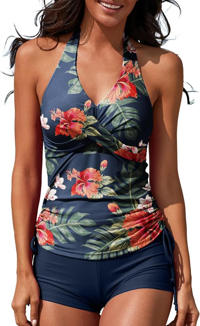 Women Two Piece Tankini Halter Padded Adjustable Drawstring Swimsuit with Boyshorts (Blue, XL)