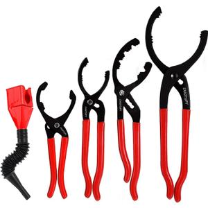 5Pcs Adjustable Oil Filter Pliers Set, Universal Oil Filter Removal Tool with Small Oil Funnel, 10" & 12" & 14" & 16" Oil Fliter Wrench From 1-1/4" to 8-1/2"