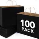 BURVAGY 16x6x12 Inch 100 Pcs Kraft Paper Bags with Handles Bulk, Kraft Shopping Black Large Recycled Gift Paper Bags with Handles for Small Business, Retail,Boutique,Grocery