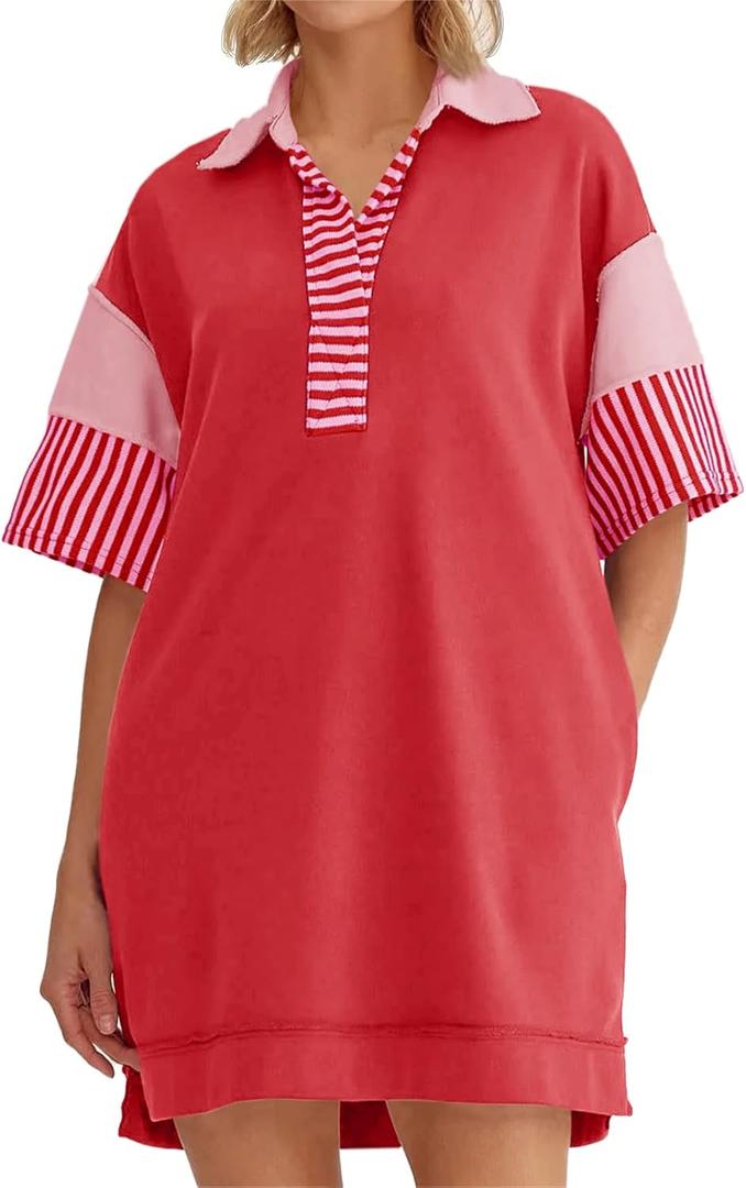 Wenrine Women's Polo V Neck T Shirt Dress Casual Summer Oversized Color Block Short Sleeve Sweatshirt Mini Dresses (L)
