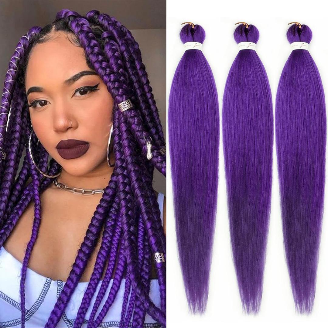 Purple Braiding Hair Pre stretched 26 Inch 3 Packs Pre-stretched Braiding Hair EZ Braid Yaki Texture Synthetic Hair Extensions for Crochet Box Braids